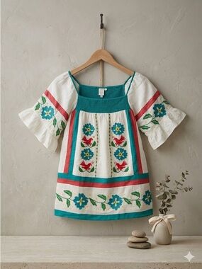 Anthropologie Embroidered Boho Tunic Blouse Cotton Square Neck Women’s 8 NWT